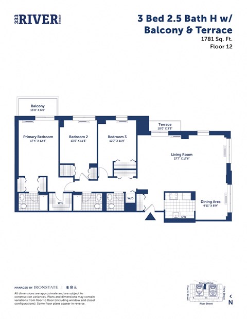 Floor plan for 3 beds, 2.5 baths, 1781 sqft